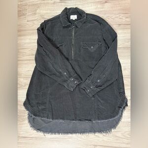 Aerie Offline Corduroy Boho Shacket Tunic Top Oversize L Grey 1/4 Zip Raw Hem